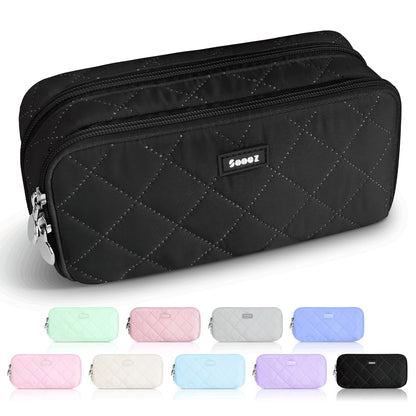 Sooez Large Pencil Case Pouch, Extra Big Pencil Bag with 8 Compartments, Pen Bag Wide Opening, Soft Quilted Pencil Pouch Organizer with Zipper, Portable Pencil Case for Teen Girls, Beige