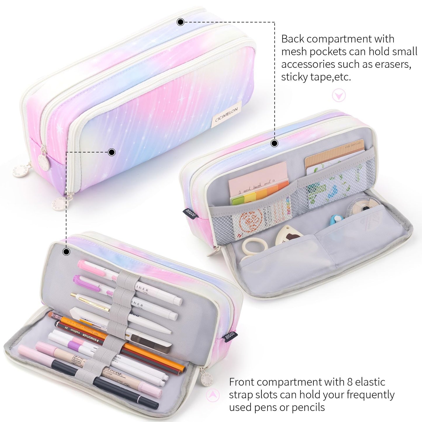 CICIMELON Large Capacity Pencil Case 3 Compartment Pouch Pen Bag for School Teen Girl Boy Men Women (Pink)
