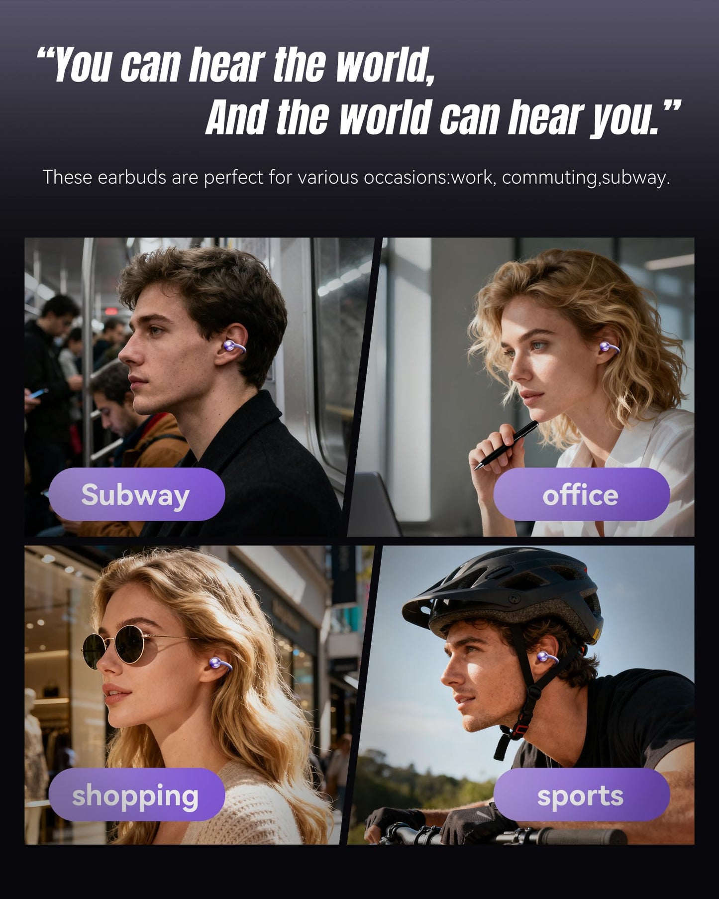King Lucky Clip-On Earbuds Gen 3, Open-Ear Wireless Bluetooth 6.0 Headphones with Mic, Secure Fit for Small Ears & Glasses Wearers, 50H Playtime, ENC, IPX5 Waterproof Sport Ear Buds (Purple)