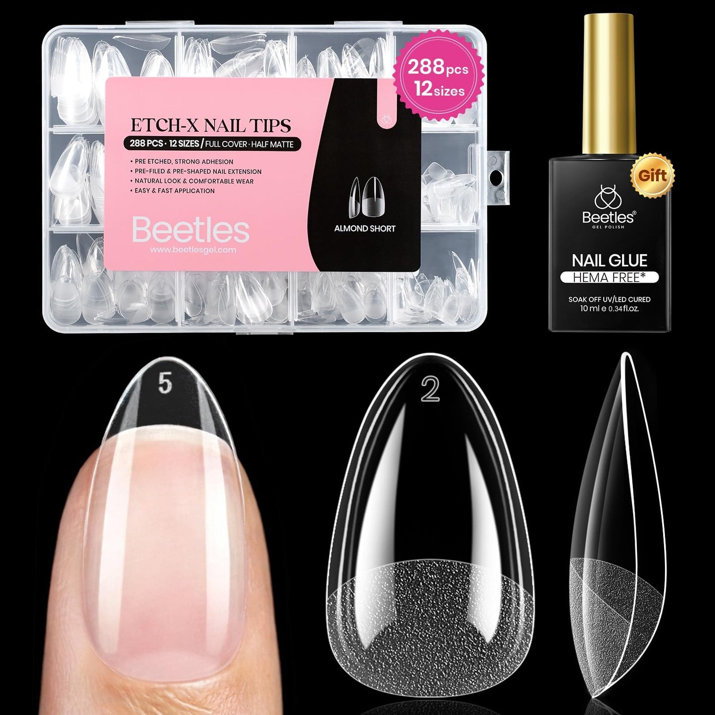Beetles Soft Gel Nail Tips Short Almond 288pcs in 12 Sizes Etch-X