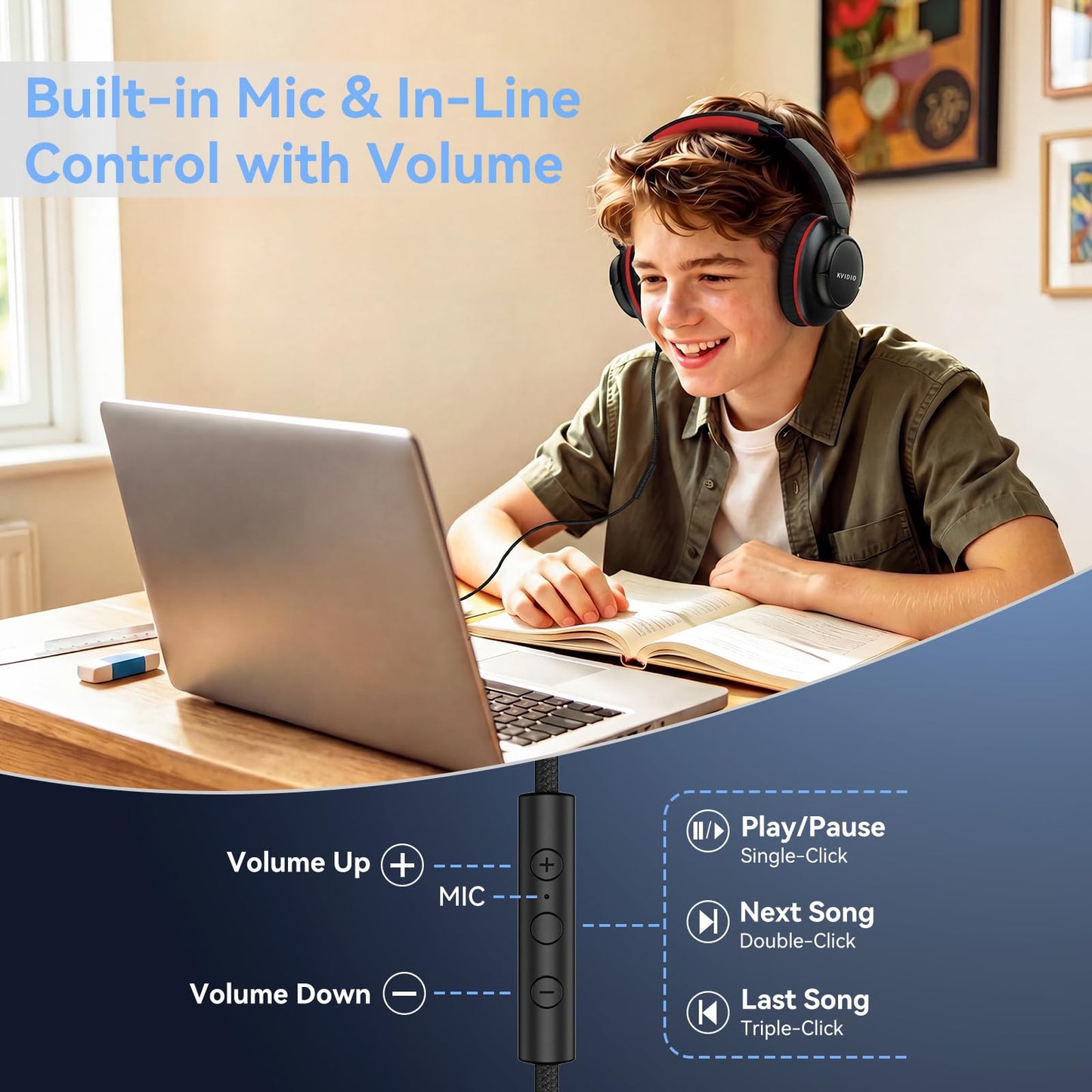 Wired Headphones with Mic, 3.5mm Headphones Volume Control for School Blue