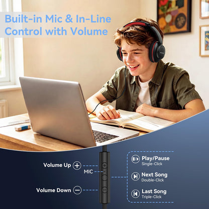Wired Headphones with Mic, 3.5mm Headphones Volume Control for School Blue