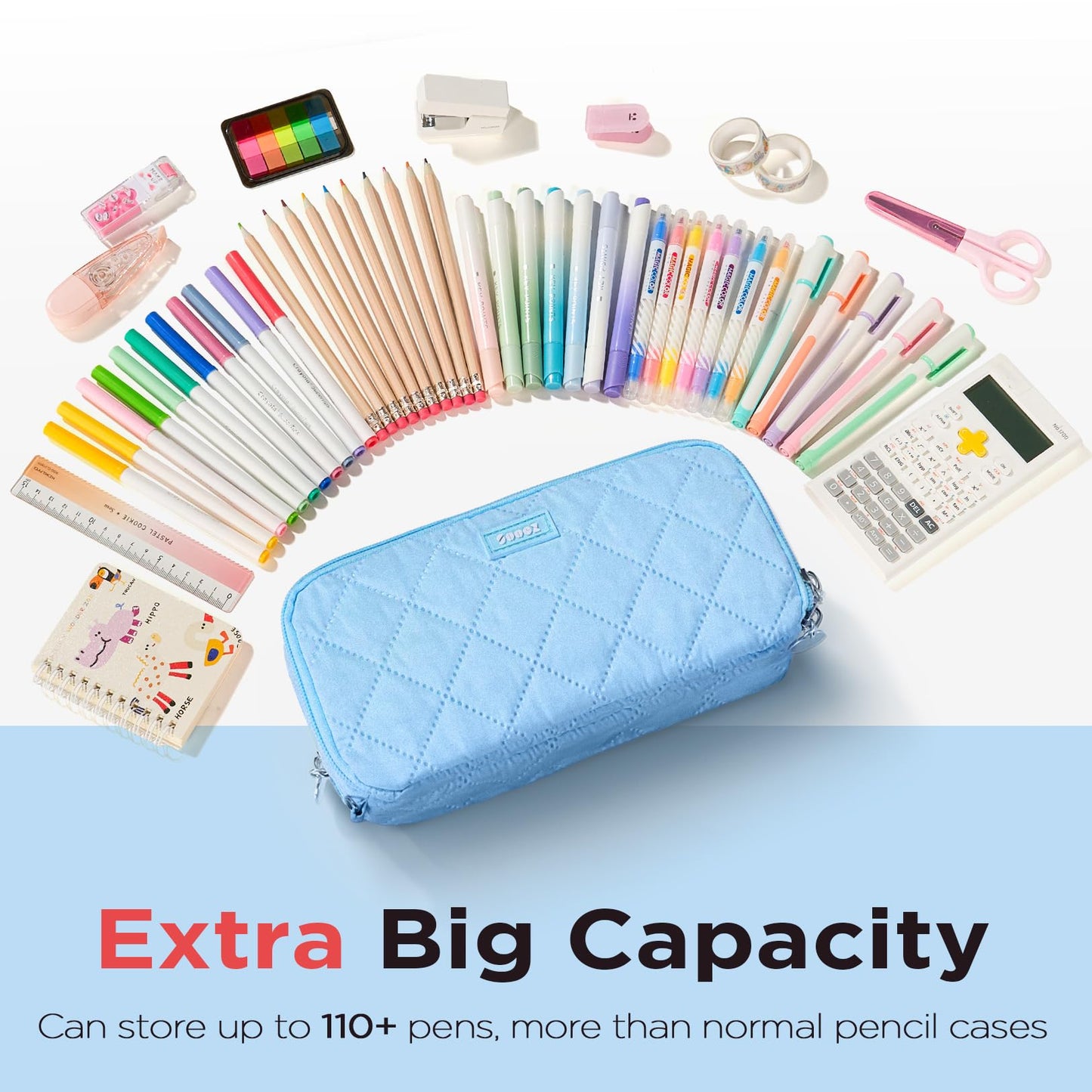 Sooez Large Pencil Case Pouch, Extra Big Pencil Bag with 8 Compartments, Pen Bag Wide Opening, Soft Quilted Pencil Pouch Organizer with Zipper, Portable Pencil Case for Teen Girls, Beige