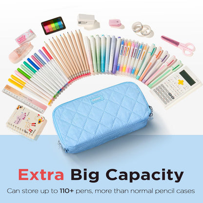 Sooez Large Pencil Case Pouch, Extra Big Pencil Bag with 8 Compartments, Pen Bag Wide Opening, Soft Quilted Pencil Pouch Organizer with Zipper, Portable Pencil Case for Teen Girls, Beige