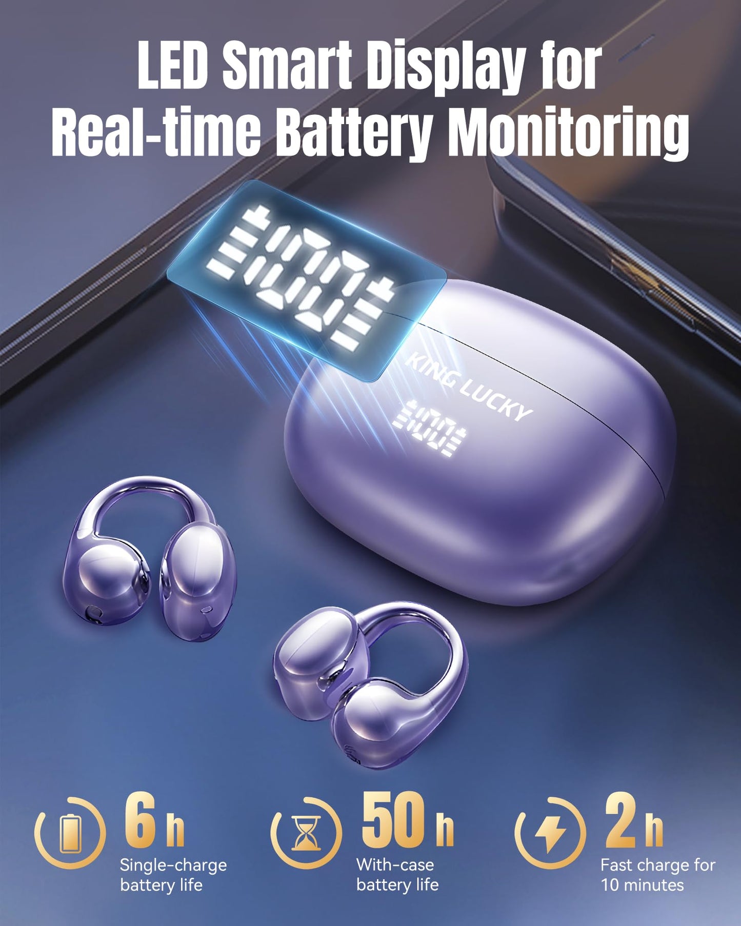 King Lucky Clip-On Earbuds Gen 3, Open-Ear Wireless Bluetooth 6.0 Headphones with Mic, Secure Fit for Small Ears & Glasses Wearers, 50H Playtime, ENC, IPX5 Waterproof Sport Ear Buds (Purple)
