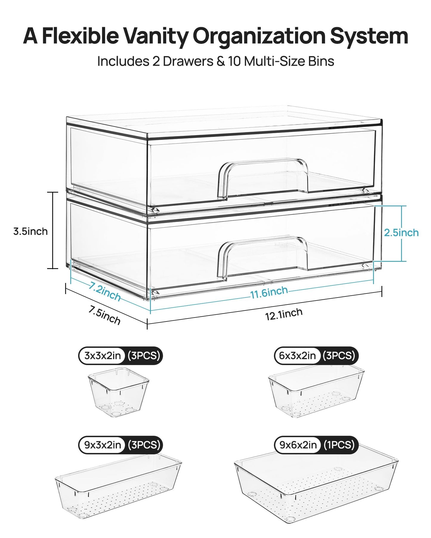 Vtopmart 2 Pack Small Clear Stackable Storage Drawers for Desk, Countertop