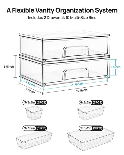 Vtopmart 2 Pack Small Clear Stackable Storage Drawers for Desk, Countertop