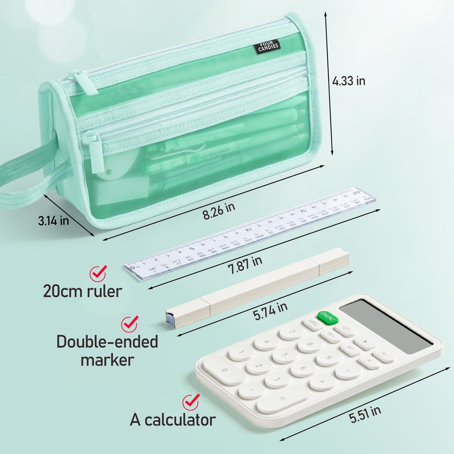 Four Candies Grid Mesh Pencil Case, Clear Double-layer with Handle (Purple)