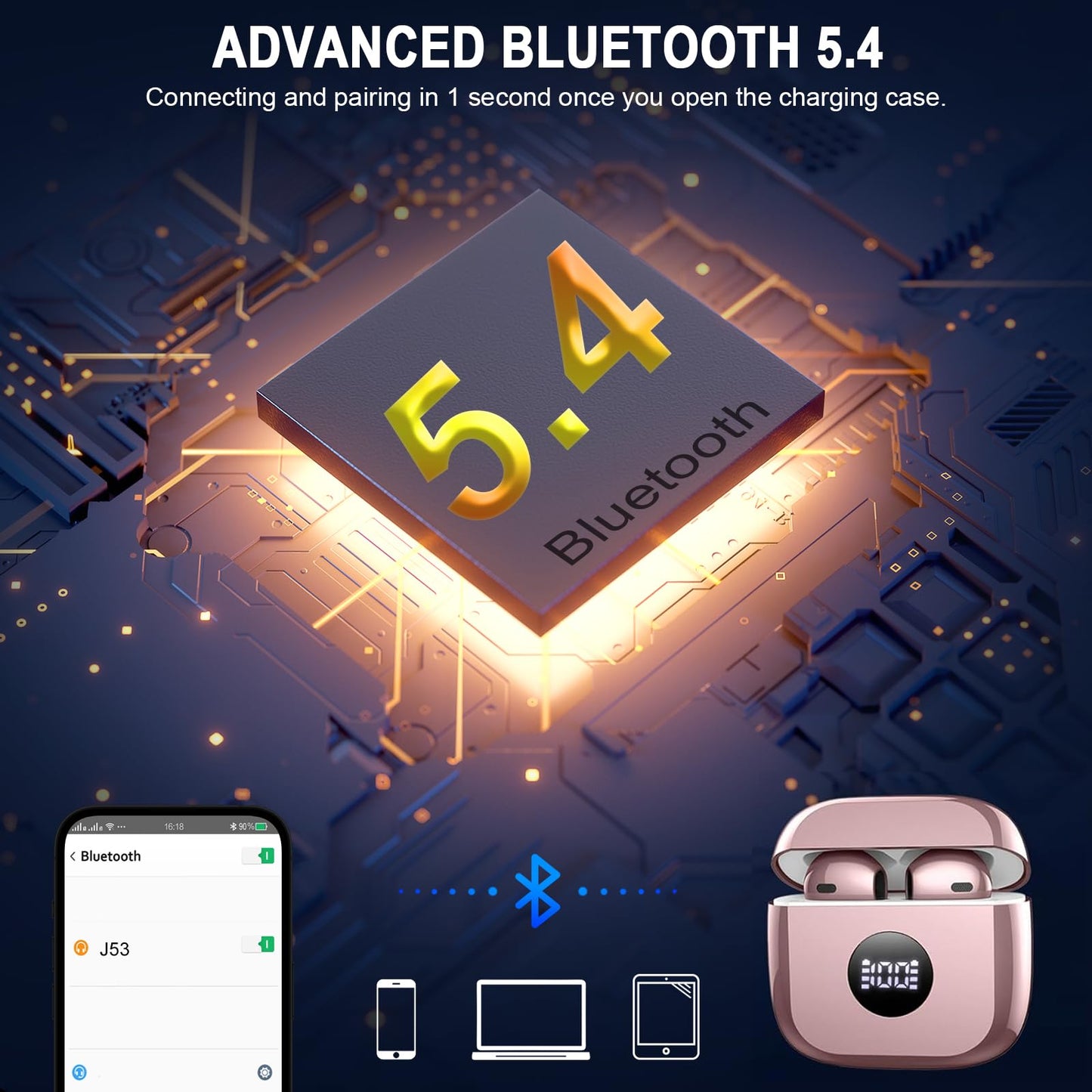 Wireless Earbuds, Bluetooth 5.4 Ear Buds, LED Power Display, 6D Bass Stereo