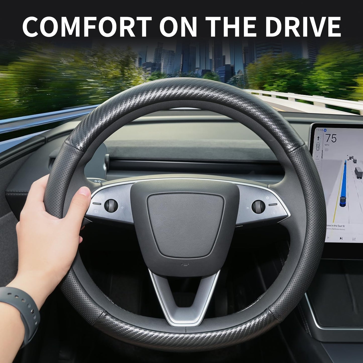 Uxcer Nappa Leather Steering Wheel Cover Compatible with Tesla Model 3/Y 2016-2025 2026 Juniper/Highland, Non-Slip Breathable Tesla Model 3/Y Steering Wheel Protector, White