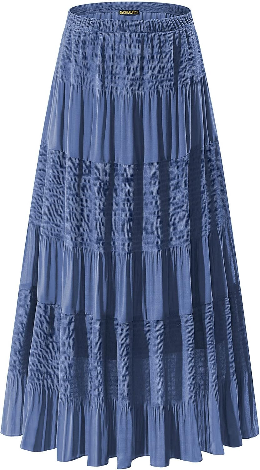 NASHALYLY Women's Chiffon Elastic High Waist Pleated A-Line Maxi Skirts