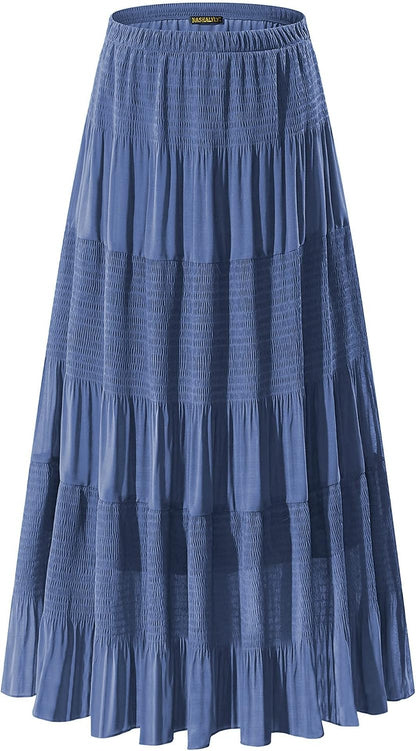 NASHALYLY Women's Chiffon Elastic High Waist Pleated A-Line Maxi Skirts