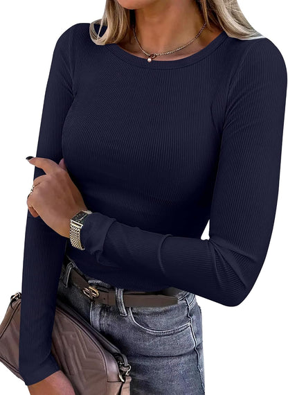 ANRABESS Women Long Sleeve Shirts Ribbed Fitted Tops