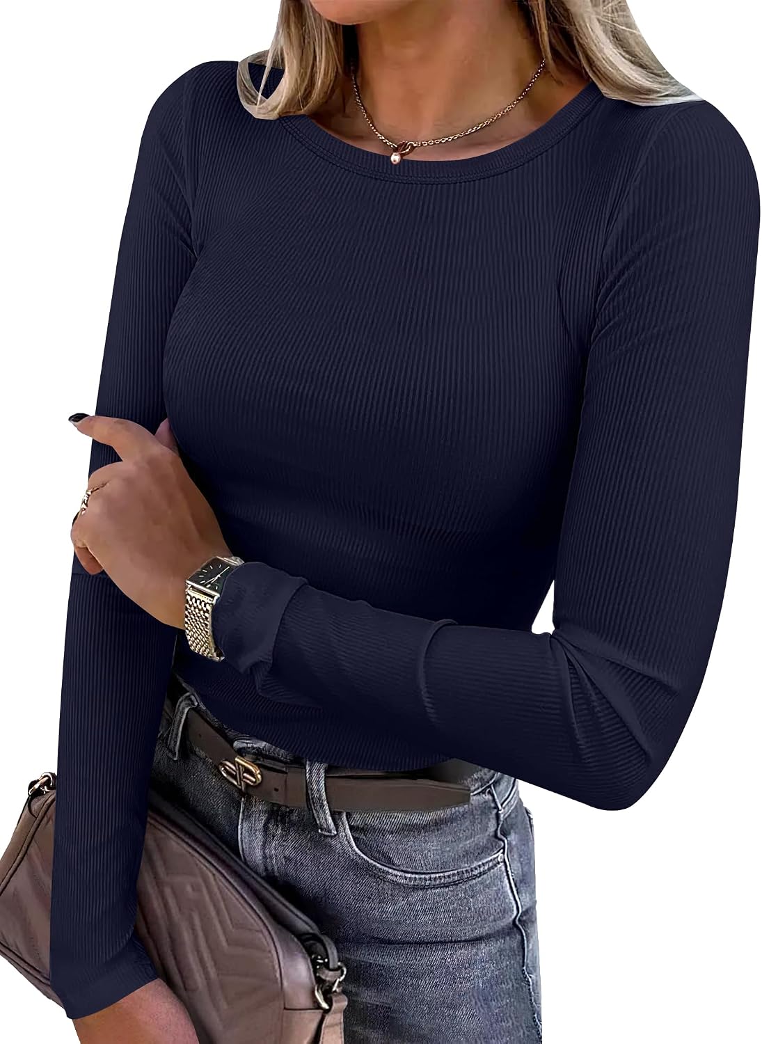 ANRABESS Women Long Sleeve Shirts Ribbed Fitted Tops