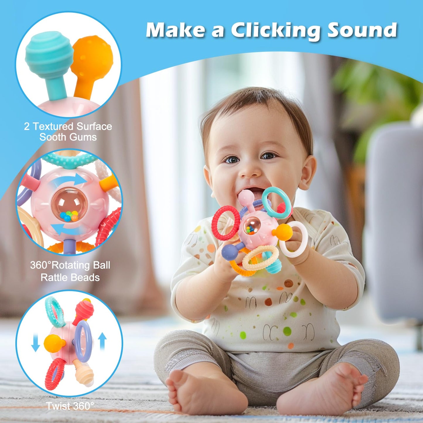 Baby Montessori Sensory Teething Toy 0-6 6-12 Months, Teether Ball & Rattle