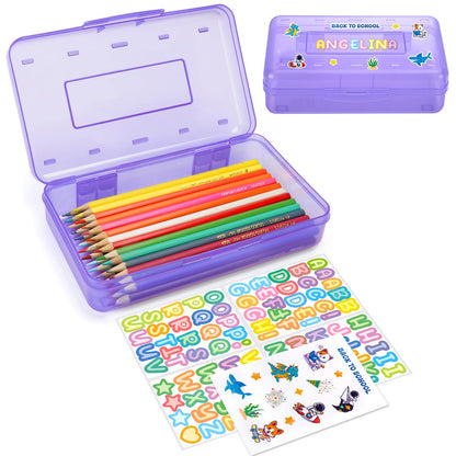 Clear Plastic Hard Pencil box Case with Personalized Sticker for Girl Boy
