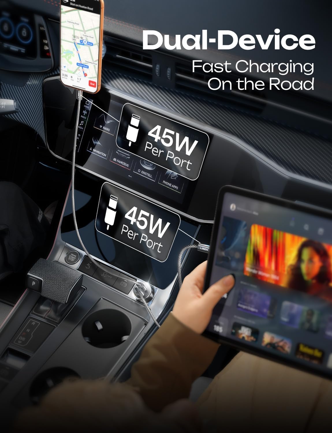 LISEN 90W USB C Car Charger USB C Fast Charge, 45W PD&QC 3.0 Fast Car Charger