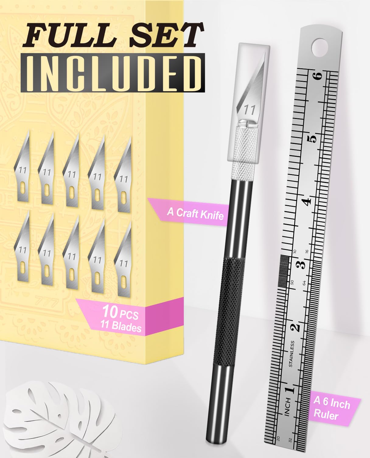 DIYSELF Exacto Knife Set with 10 Extra #11 Blades, 6-Inch Metal Ruler, Pink