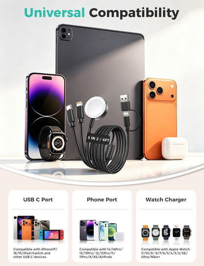 2026 Travel Essentials for Apple Watch Charger,Cruise Vacation Camping Essentials,iPhone Charger,Multi Charging Cable,3 in 2 Charging Docks for iWatch Series 11-2/Ultra,iPhone 17-12,Car