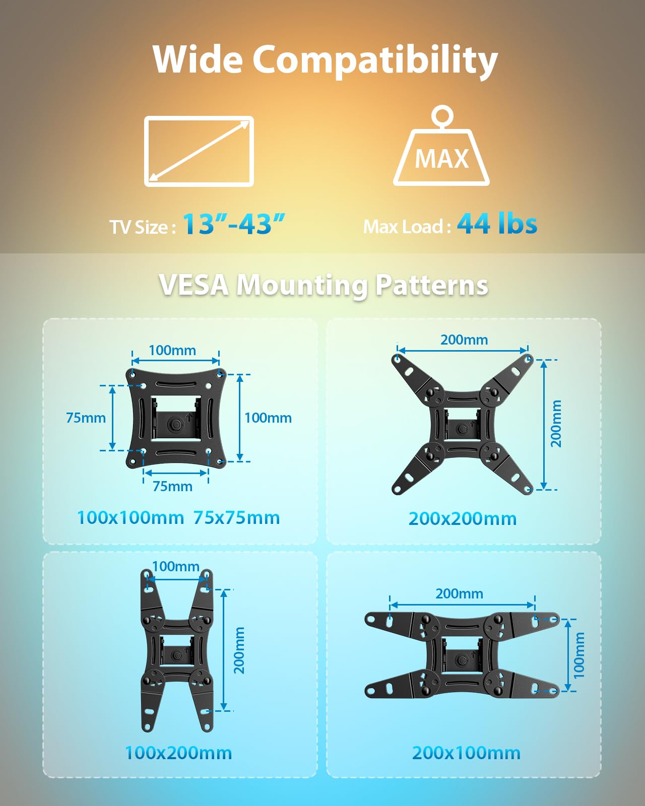 Pipishell Full Motion TV Wall Mount for Echo Show 21/15 and 13-43 Inch Flat Curved Screen TVs & Monitors, Max VESA 200x200mm up to 44lbs, TV Mount Wall Bracket with Rotation Swivel Tilt Extension