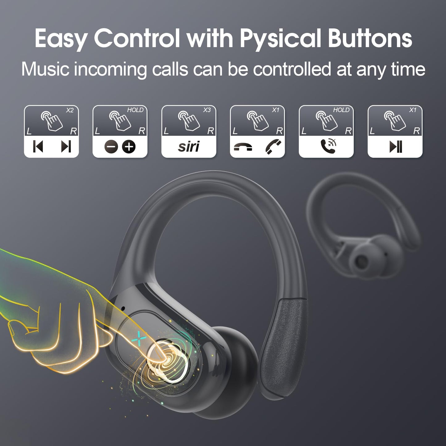 Wireless Earbuds 75H Bluetooth 5.4 Sport Headphones with Earhooks, Black