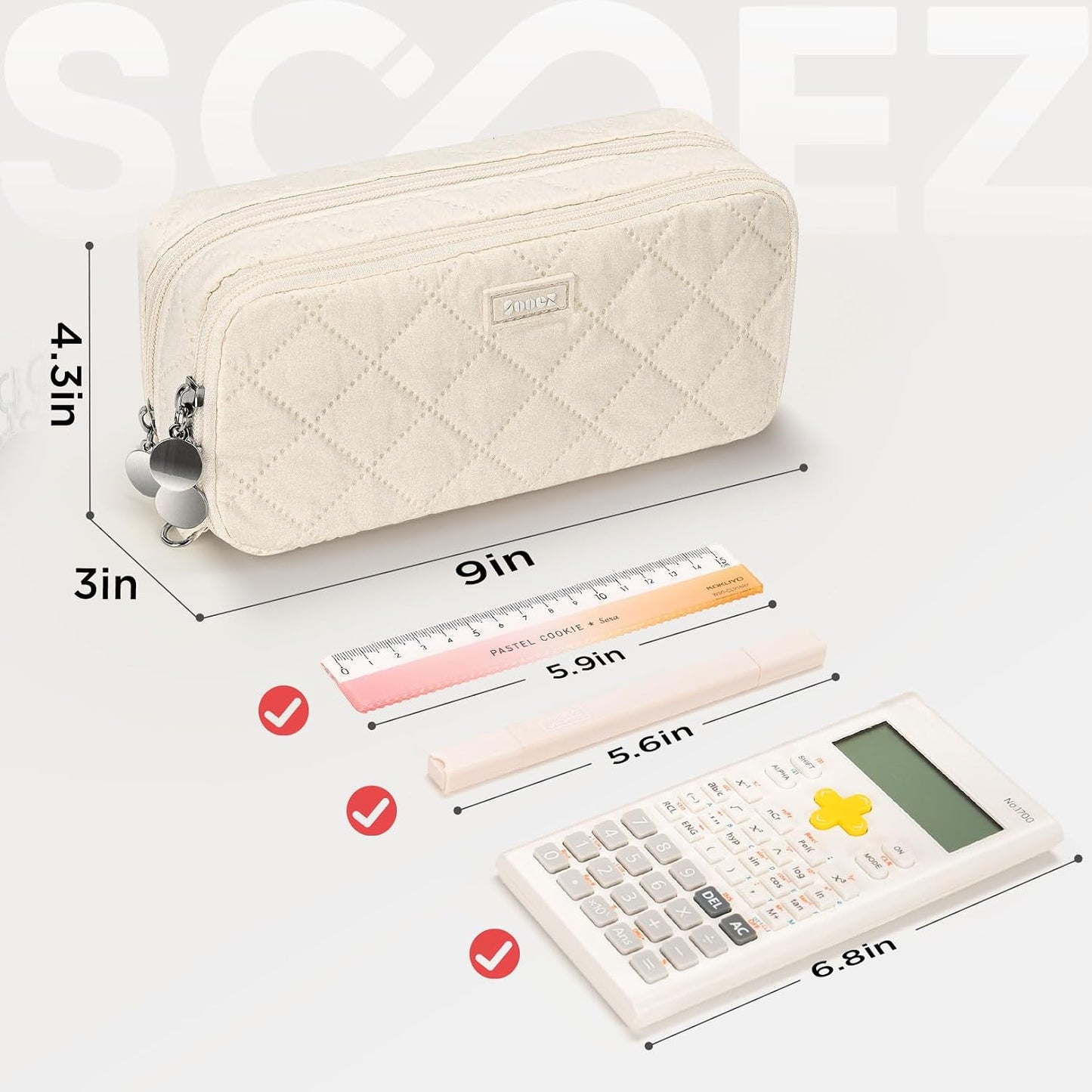 Sooez Large Pencil Case Pouch, Extra Big Pencil Bag with 8 Compartments, Pen Bag Wide Opening, Soft Quilted Pencil Pouch Organizer with Zipper, Portable Pencil Case for Teen Girls, Beige