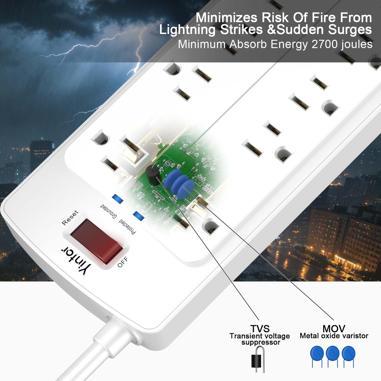 Yintar 6Ft Surge Protector Power Strip with 8 Outlets and 4 USB Ports