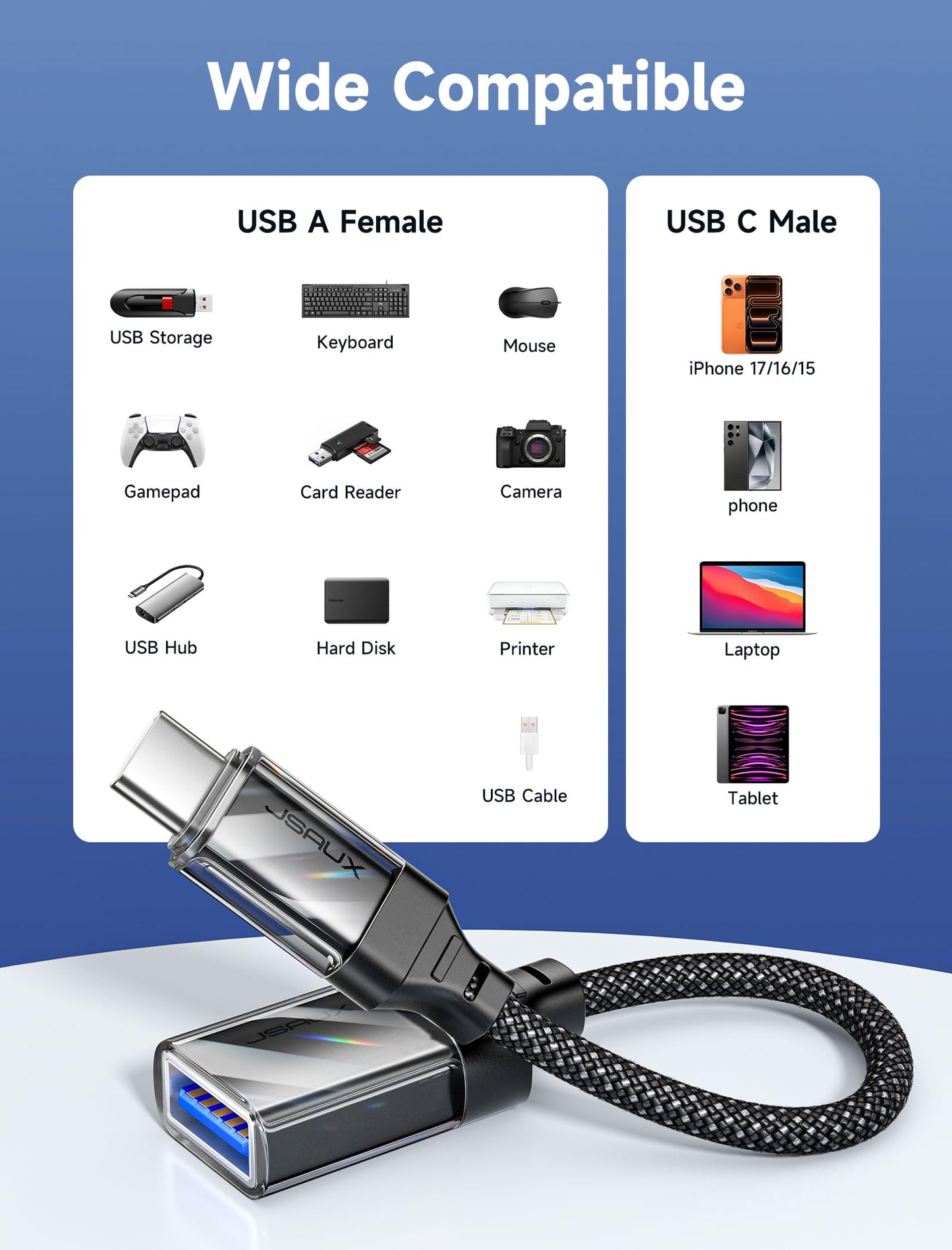 JSAUX USB C to USB 3.0 Adapter [2 Pack], USB C Male to USB Female OTG Cable Adapter Compatible with MacBook Pro/Air, iPhone 17 Pro Max/iPhone Air/16e/16/15 Series, Samsung Galaxy S25/S24/S23-Black