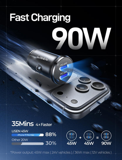 LISEN 90W USB C Car Charger USB C Fast Charge, 45W PD&QC 3.0 Fast Car Charger
