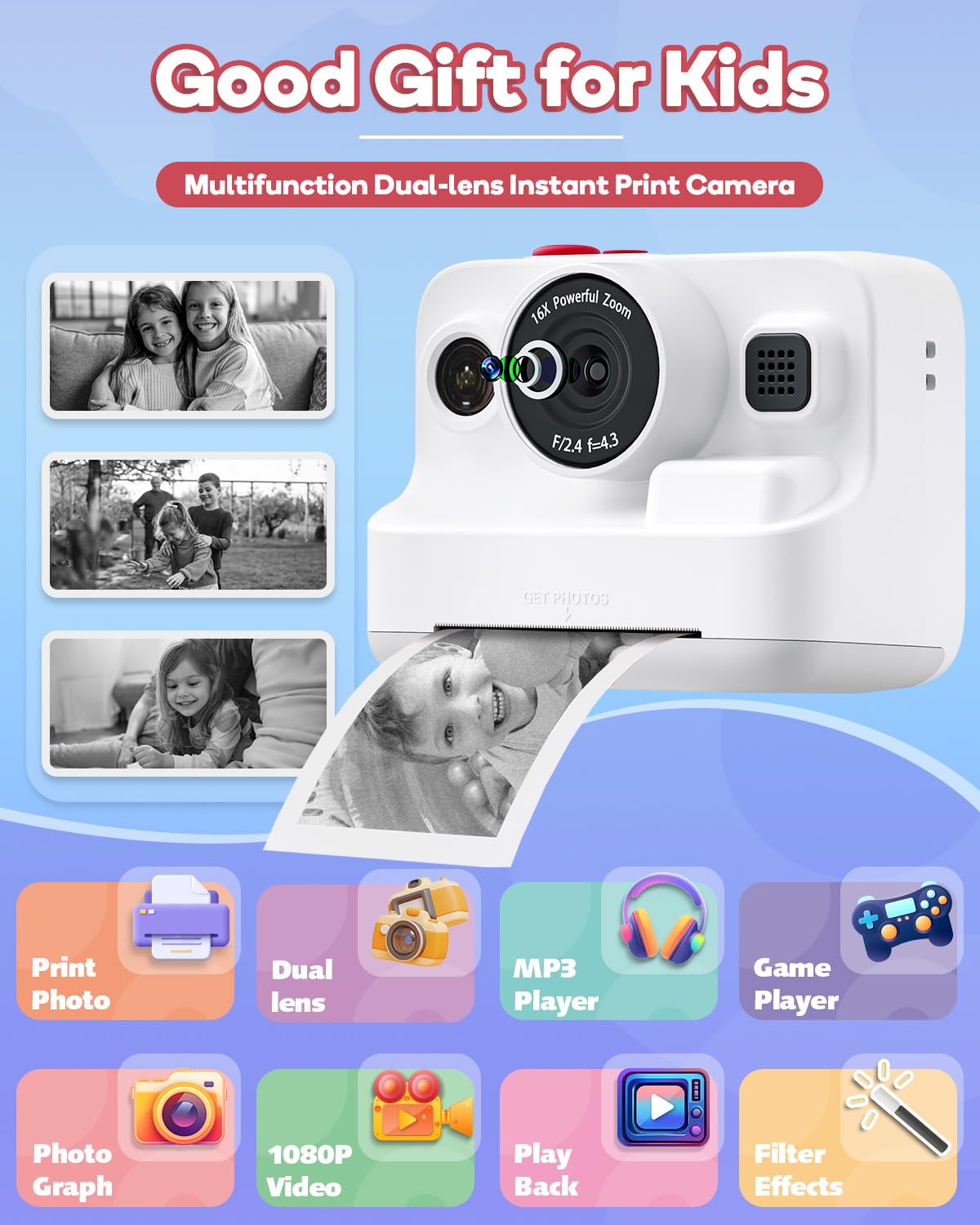 Dylanto Kids Camera Instant Print,1080P Kids Instant Cameras that Print Photos,Christmas Birthday Gifts for Girls Age 3-12,Portable Toy for 3 4 5 6 7 8 9 10 Year Old Girls Boys Pink