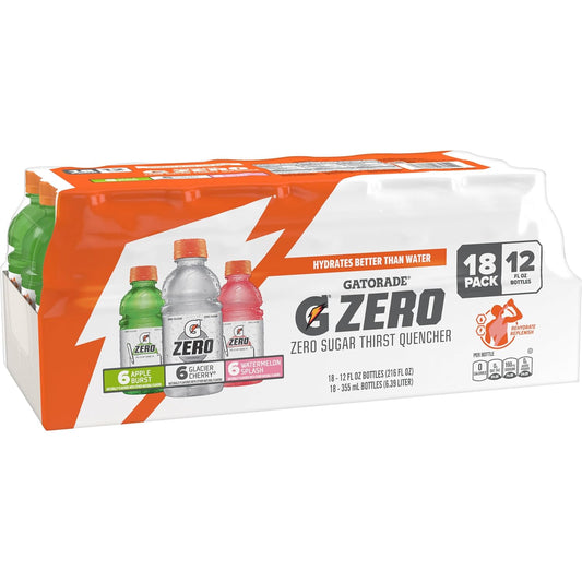 Gatorade G Zero Sports Drink, Glacier Cherry, Watermelon Splash, Apple Burst Variety Pack, 12 Fl Oz (Pack of 18)