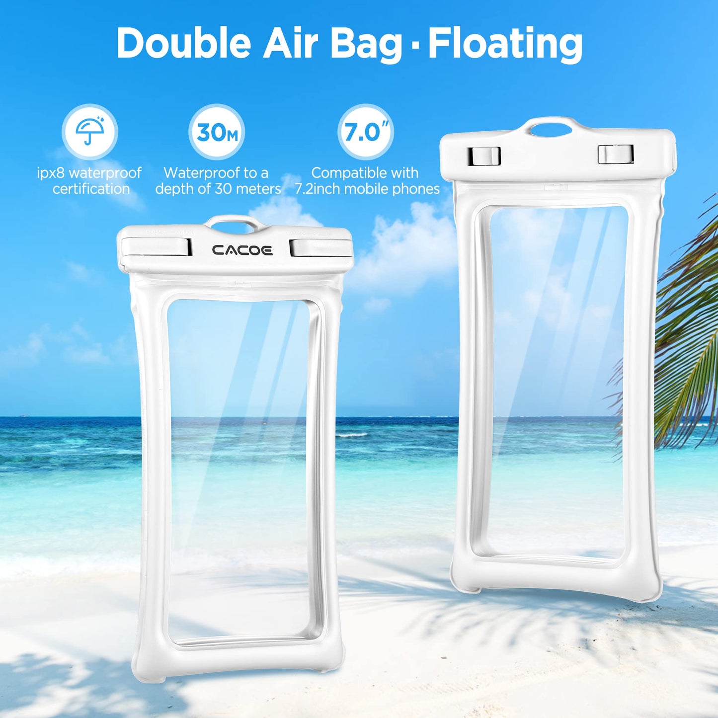 CACOE Floatable Waterproof Phone Pouch 2 Pack Up to 7.0",White+Blue