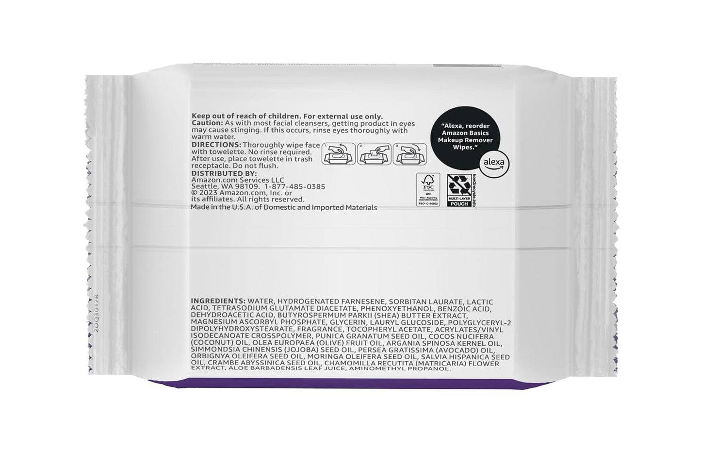 Amazon Basics Makeup Remover Wipes, Fragrance-Free, Alcohol-Free, Gentle Cleansing, Plant-Based, Dermatologist Tested, Removes Waterproof Mascara, Resealable, 25 Count, 1-Pack