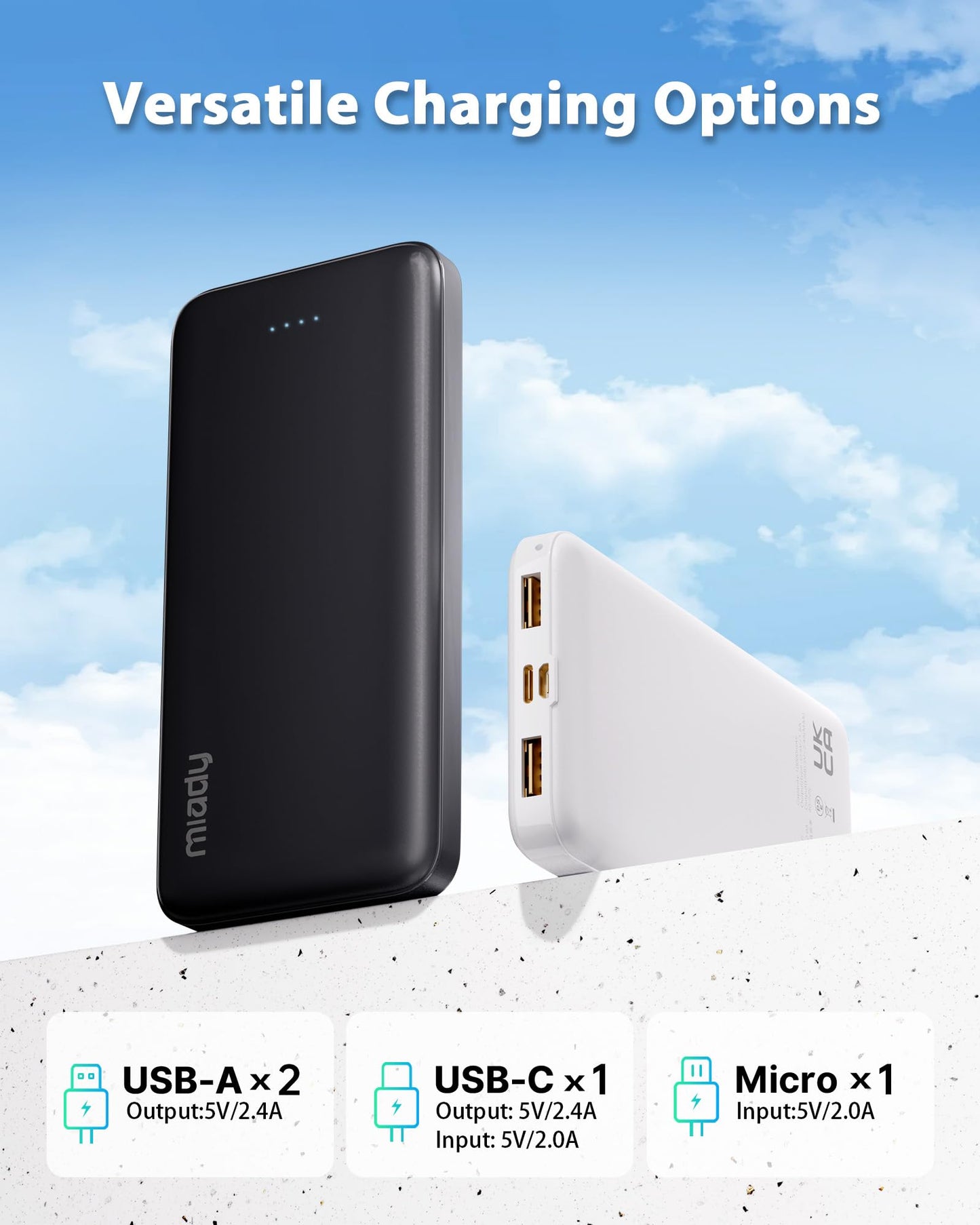Miady 2-Pack Portable Charger, Slim 10000mAh Power Bank Travel Battery Pack