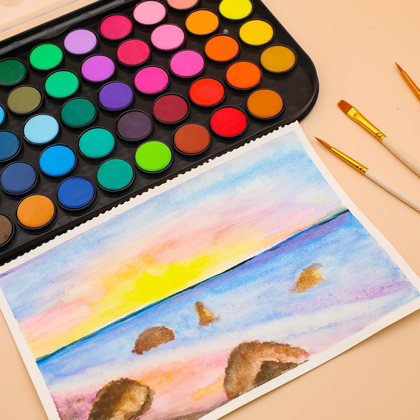 Artecho 48 Colors Watercolor Paint Set, 3 Brushes