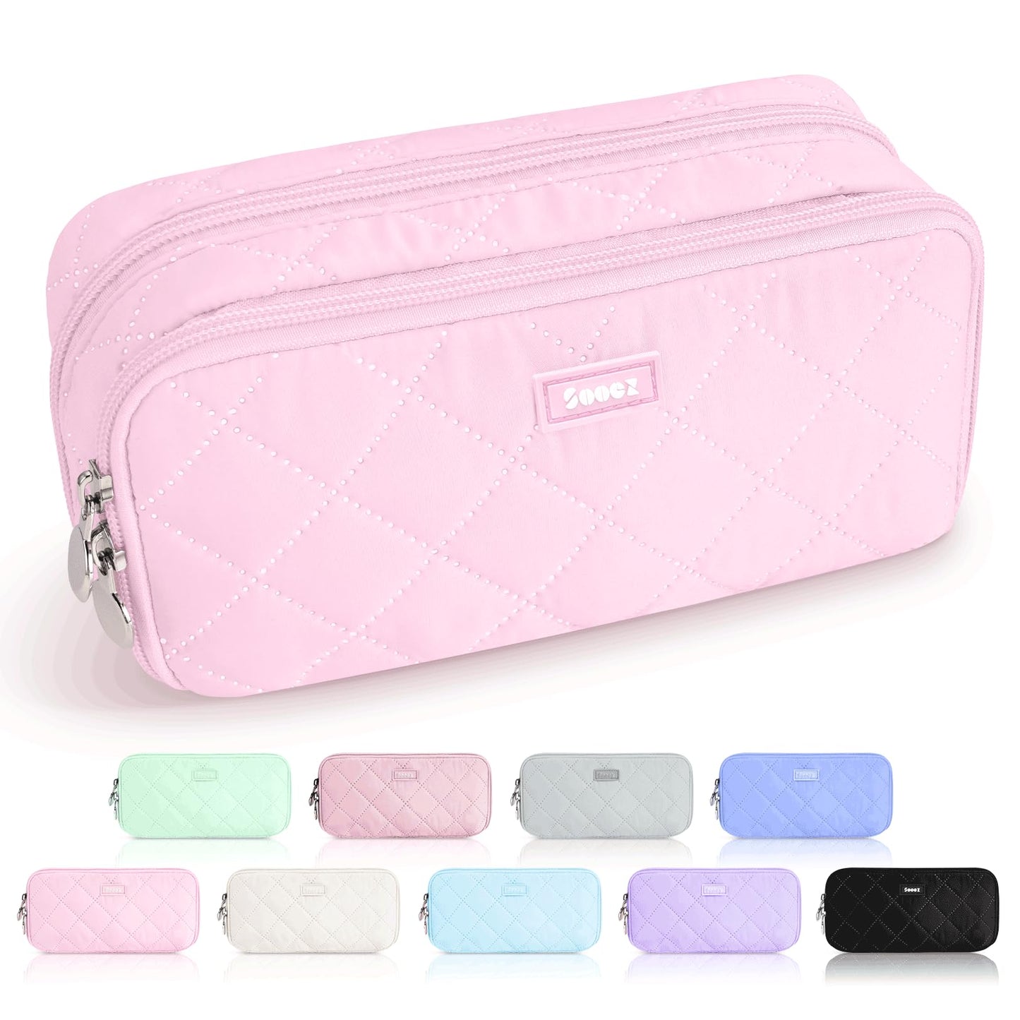 Sooez Large Pencil Case Pouch, Extra Big Pencil Bag with 8 Compartments, Pen Bag Wide Opening, Soft Quilted Pencil Pouch Organizer with Zipper, Portable Pencil Case for Teen Girls, Beige