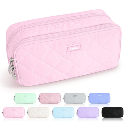 Sooez Large Pencil Case Pouch, Extra Big Pencil Bag with 8 Compartments, Pen Bag Wide Opening, Soft Quilted Pencil Pouch Organizer with Zipper, Portable Pencil Case for Teen Girls, Beige