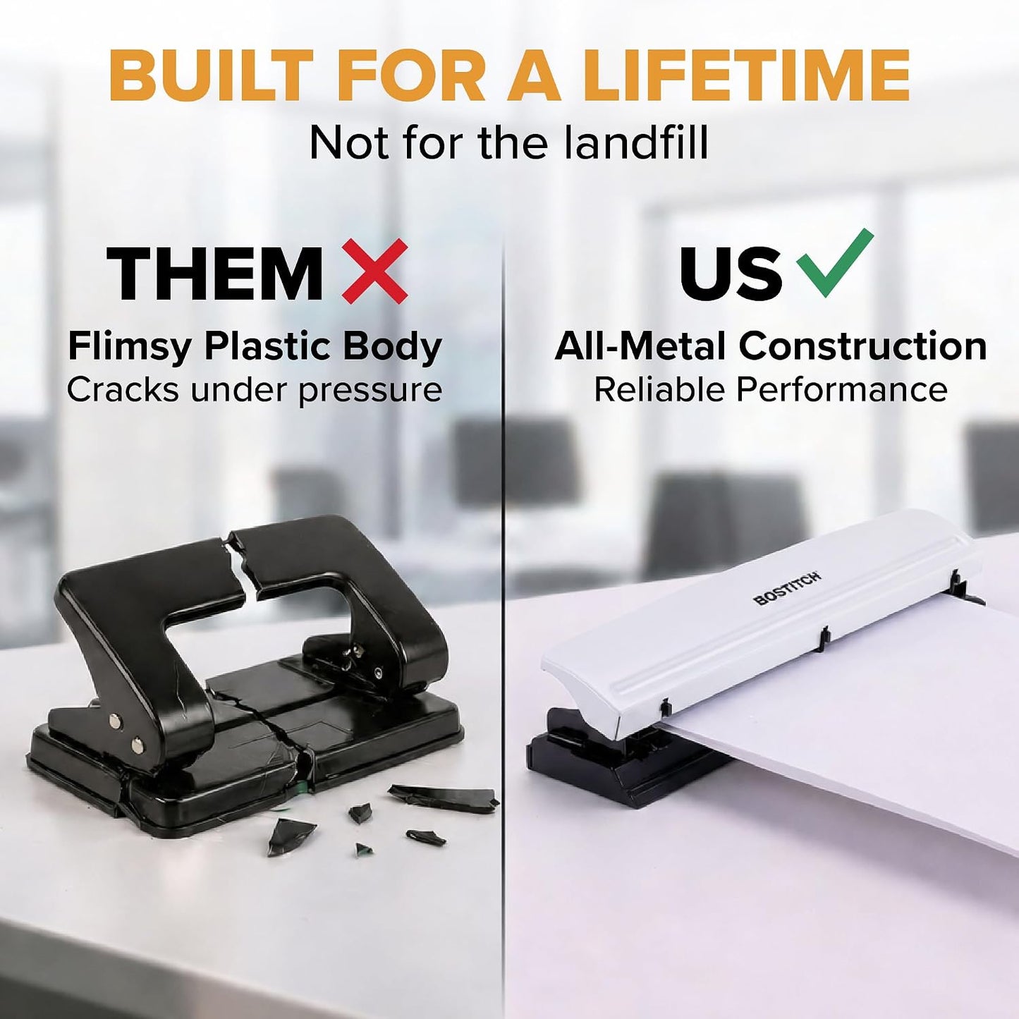 Bostitch Office Premium 3 Hole Punch, 12 Sheet Capacity, Metal, Rubber Base, Easy-Clean Tray, Silver