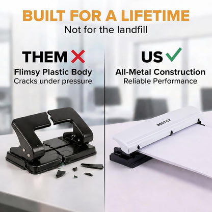 Bostitch Office Premium 3 Hole Punch, 12 Sheet Capacity, Metal, Rubber Base, Easy-Clean Tray, Silver