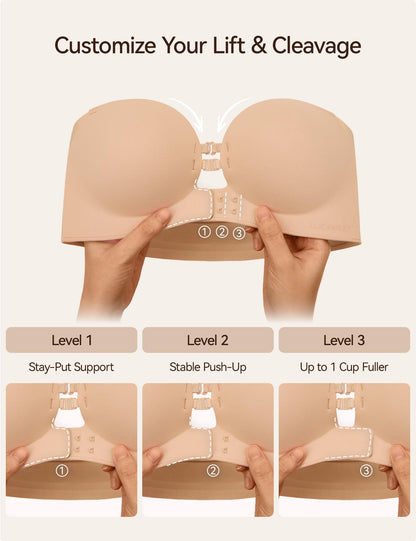 LUCKMEEY Women's Strapless Front Closure Push Up Bra, Non-Slip Removable Straps, Wireless Seamless, A-C Cup