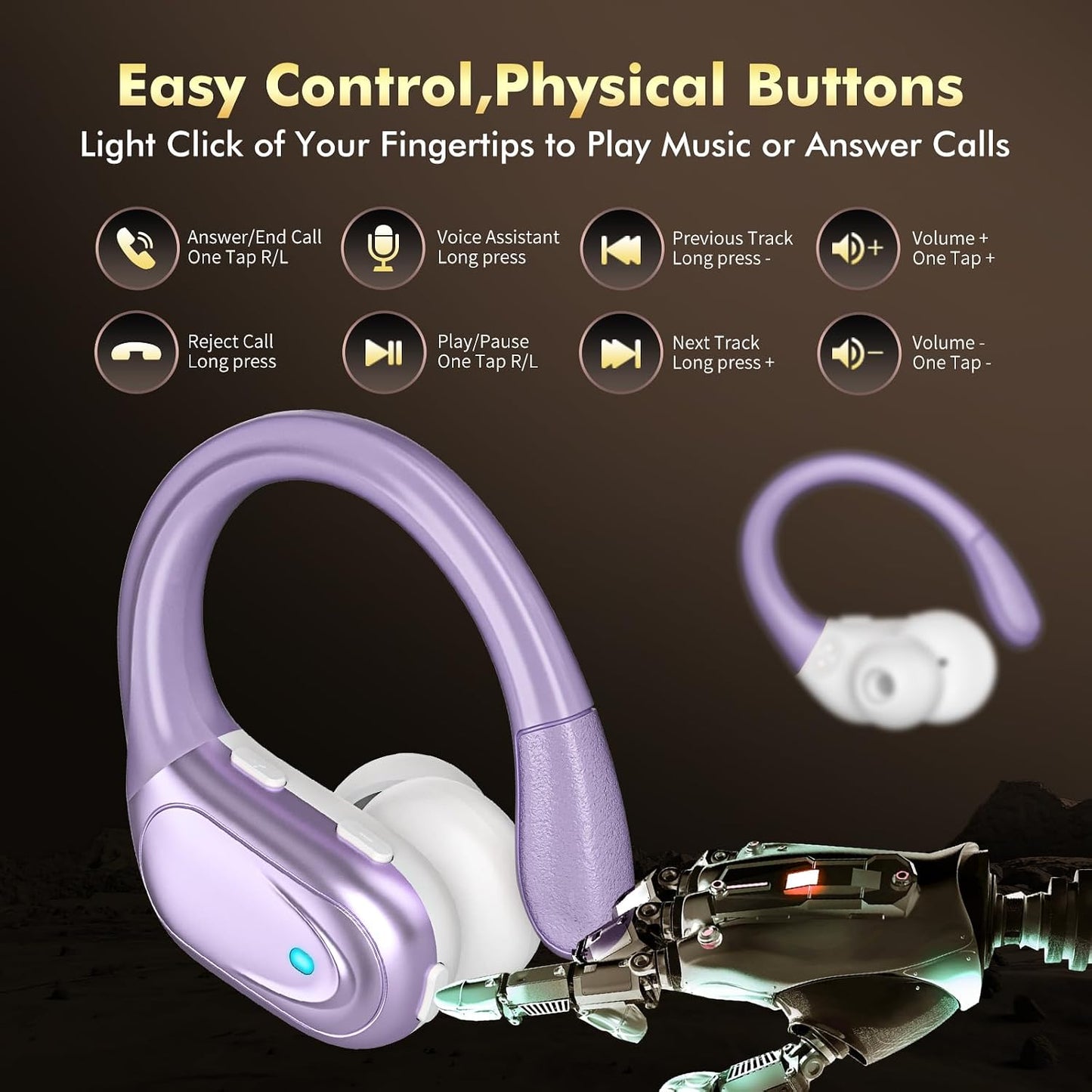 HAOYUYAN Wireless Earbuds, Sports Bluetooth Headphones, 80Hrs Playtime Ear Buds with LED Power Display, Noise Canceling Headset, IPX7 Waterproof Earphones for Workout/Running (Purple)