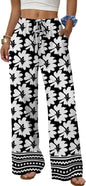 Sampeel Wide Leg Pants for Women Flowy Palazzo Drawstring Elastic Waist Trousers with Pockets Summer Beach Vacation Clothes