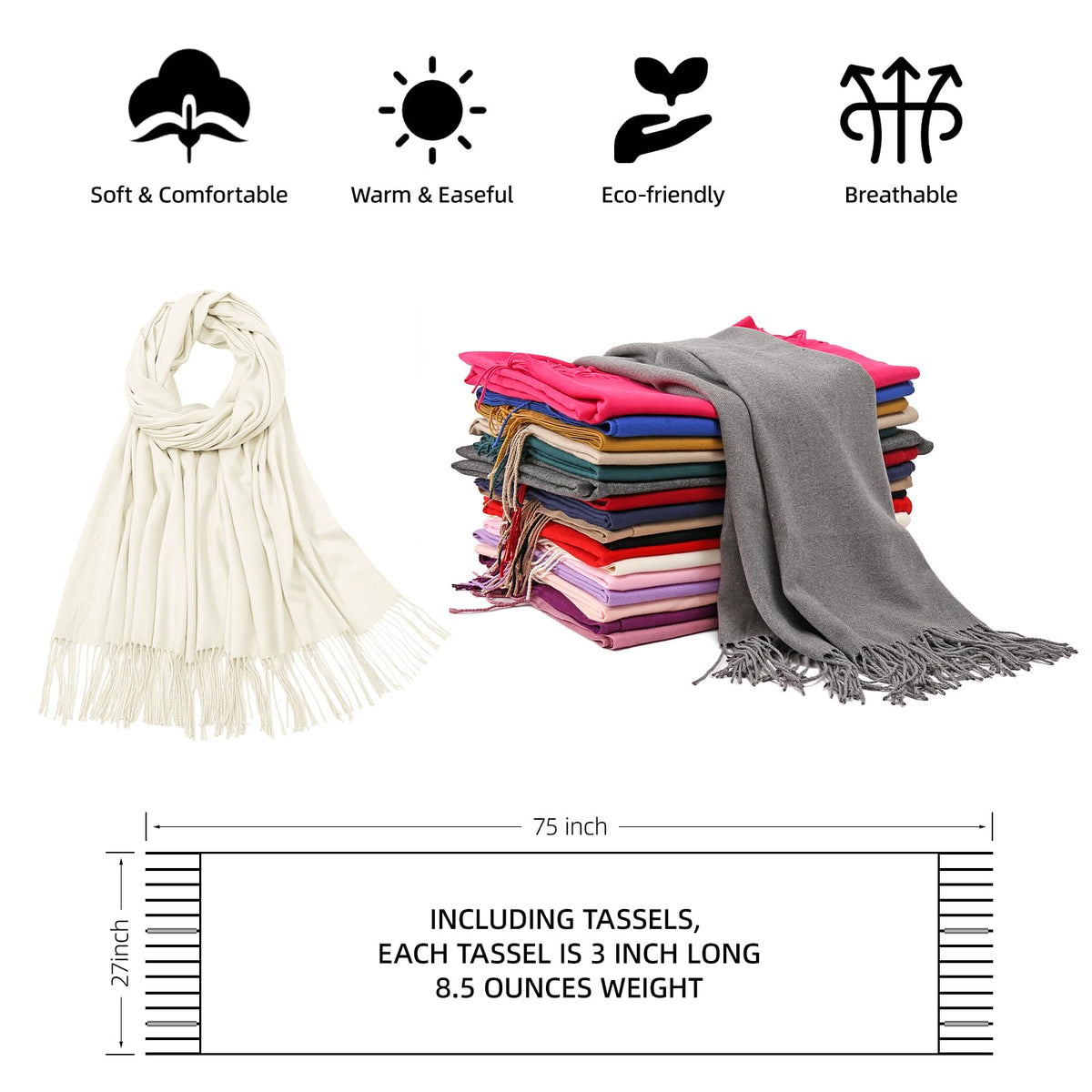 RIIQIICHY Women's Fringe Shawl Wrap Pashmina Scarf for Wedding Evening