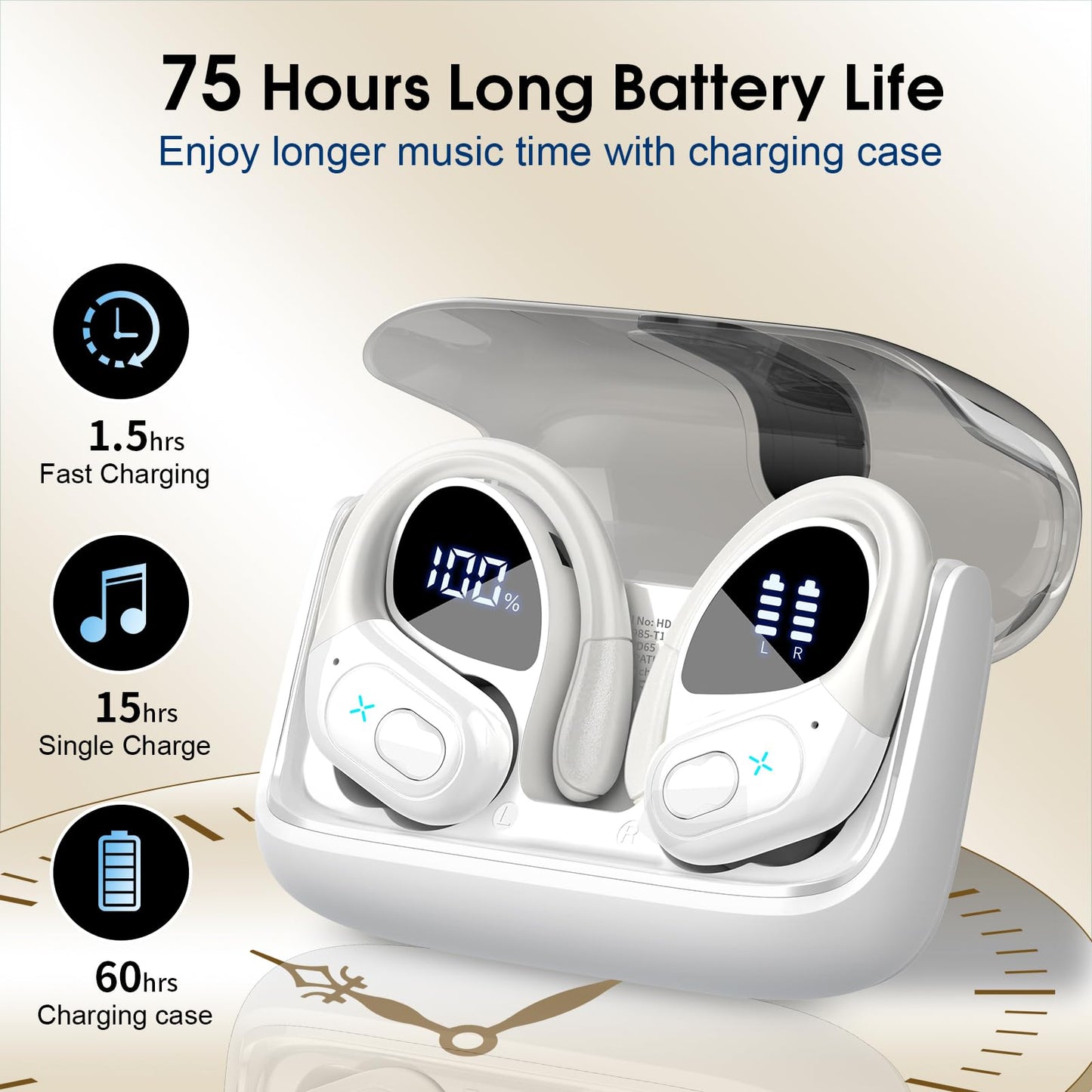 Wireless Earbuds 75H Bluetooth 5.4 Sport Headphones with Earhooks, Black