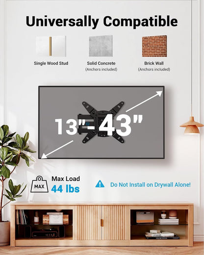 Pipishell Full Motion TV Wall Mount for Echo Show 21/15 and 13-43 Inch Flat Curved Screen TVs & Monitors, Max VESA 200x200mm up to 44lbs, TV Mount Wall Bracket with Rotation Swivel Tilt Extension