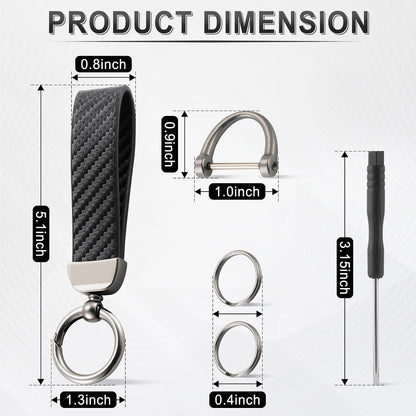 JUSTTOP Leather Keychain, Carbon Fiber Car Key Chain with Anti-Lost D-Ring and 2 Key Ring, Keychain Wristlet, Car Accessories, Universal Keychain for Men and Women (Black)