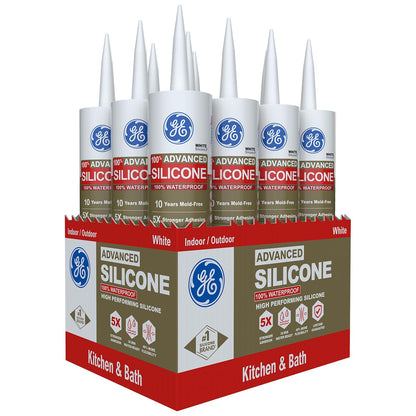 GE Advanced Silicone Caulk for Kitchen & Bathroom, White, 10 fl oz Cartridge, 1 Pack - 100% Waterproof Silicone Sealant, 5X Stronger Adhesion, Shrink & Crack Proof