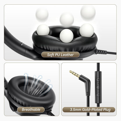 Wired Headphones with Mic, Over-Ear 3.5mm Corded Headphone for School Black