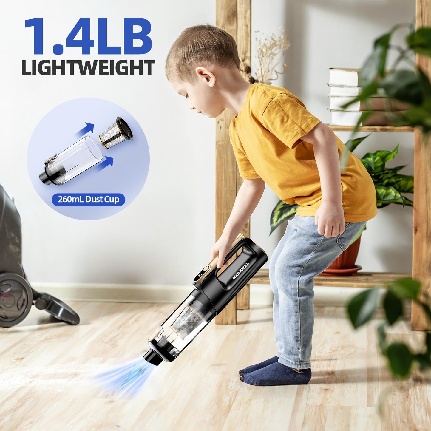 MONOZEL Car Vacuum Portable Cordless, 18000Pa 2 in 1 Vacuum Cleaner&Air Duster, 130W Brushless Motor Handheld Vacuum Cordless with 7800mAh Battery, LED Light, Multi-Nozzles for Car, Home, Office, Pet