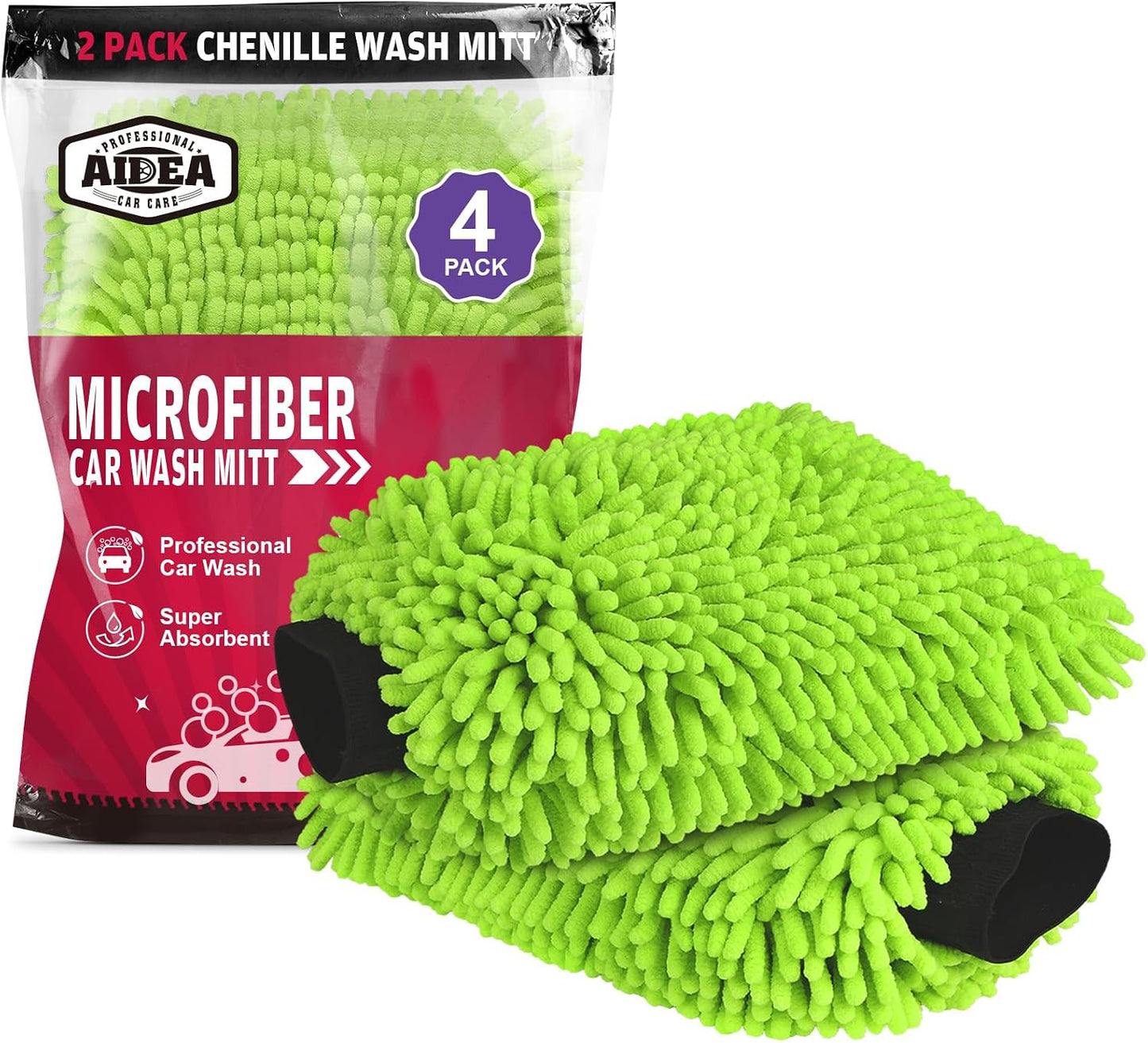 AIDEA Car Wash Mitt Microfiber, 4PK,Car Wash Brush, Green 8''X12''
